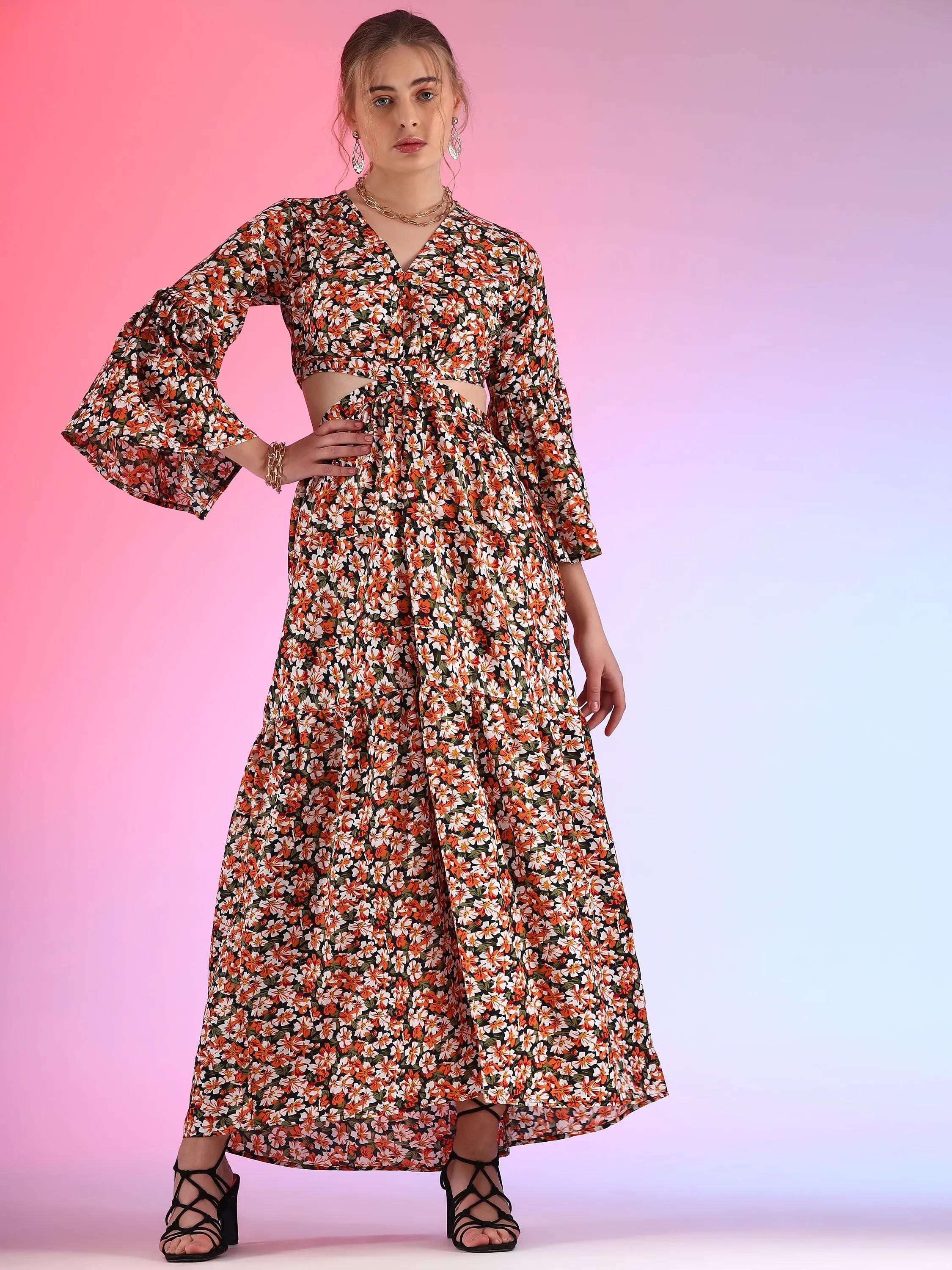 Floral Printed Georgette Fit and Flare Waist Cut out Maxi Dress