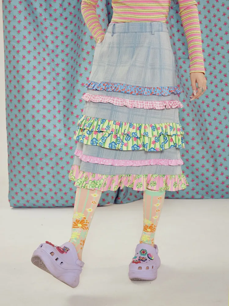 Frill Stitch Plaid Denim A-line High-waist Skirt