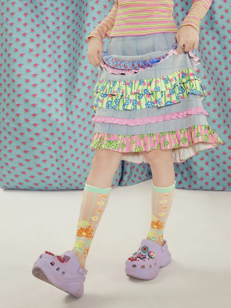 Frill Stitch Plaid Denim A-line High-waist Skirt
