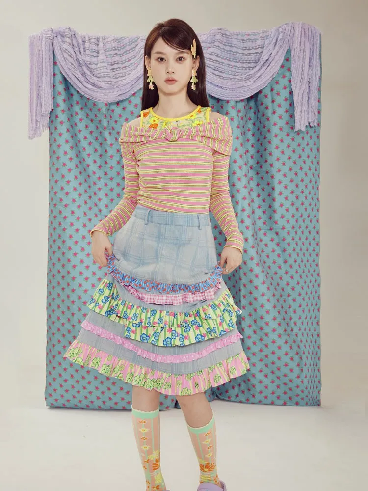 Frill Stitch Plaid Denim A-line High-waist Skirt