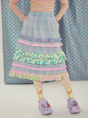 Frill Stitch Plaid Denim A-line High-waist Skirt