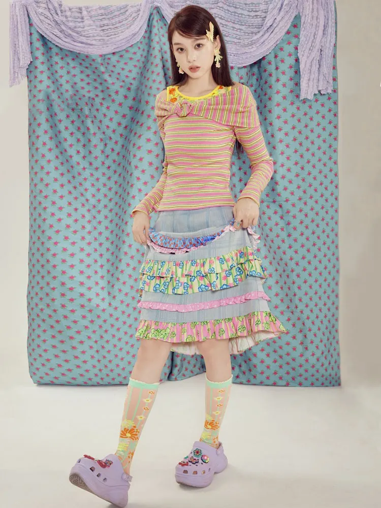 Frill Stitch Plaid Denim A-line High-waist Skirt