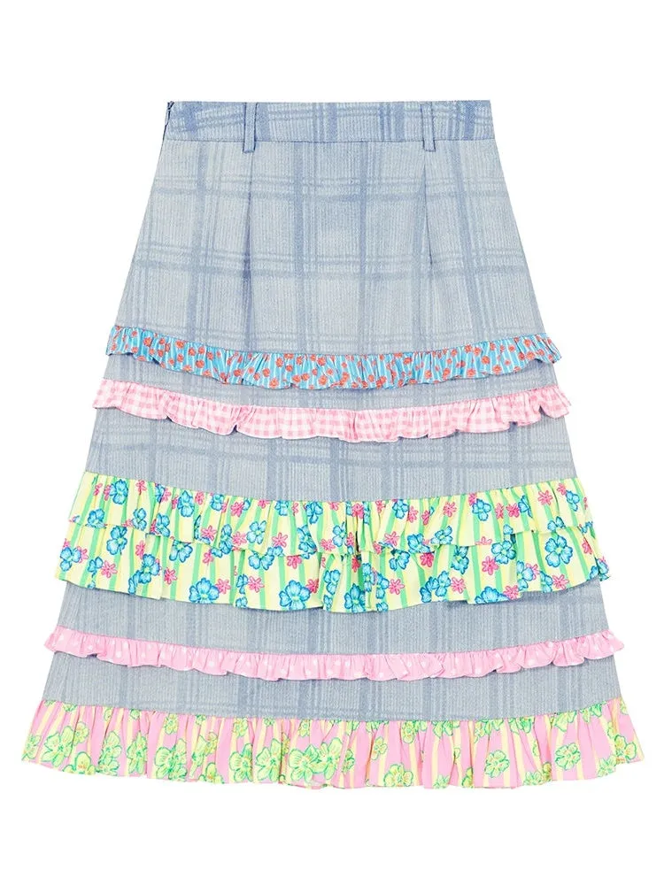 Frill Stitch Plaid Denim A-line High-waist Skirt