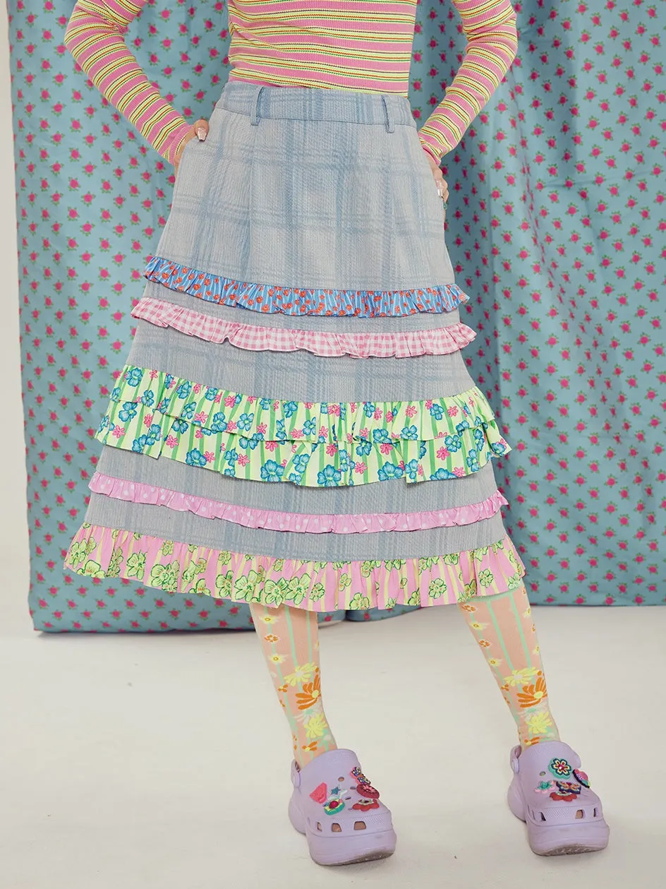 Frill Stitch Plaid Denim A-line High-waist Skirt
