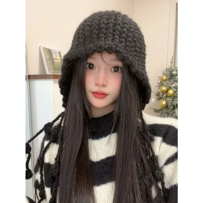 Fringed Knit Cloche Hat