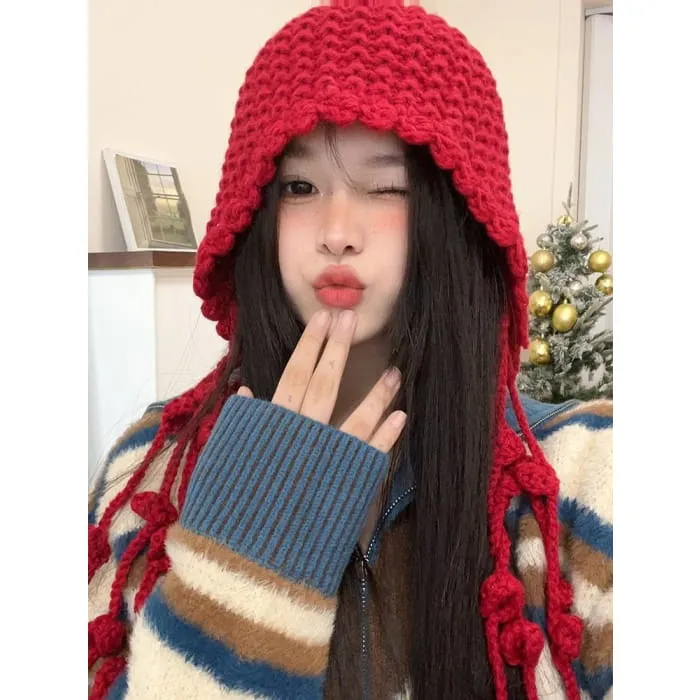 Fringed Knit Cloche Hat