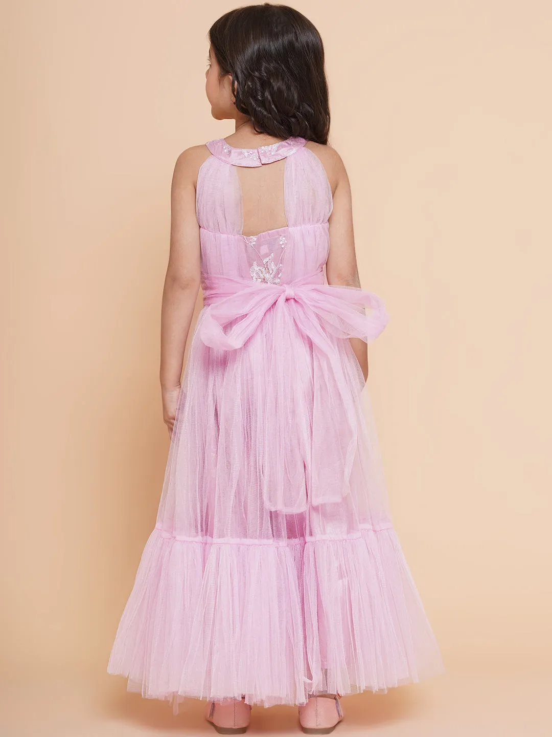 Girls Pink Net Floral Embroidered Gown
