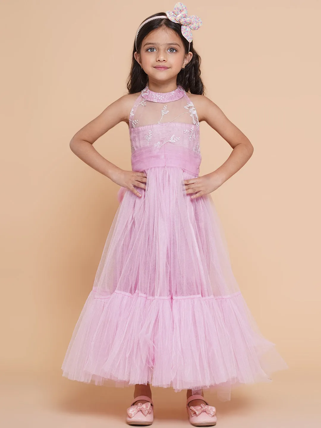 Girls Pink Net Floral Embroidered Gown