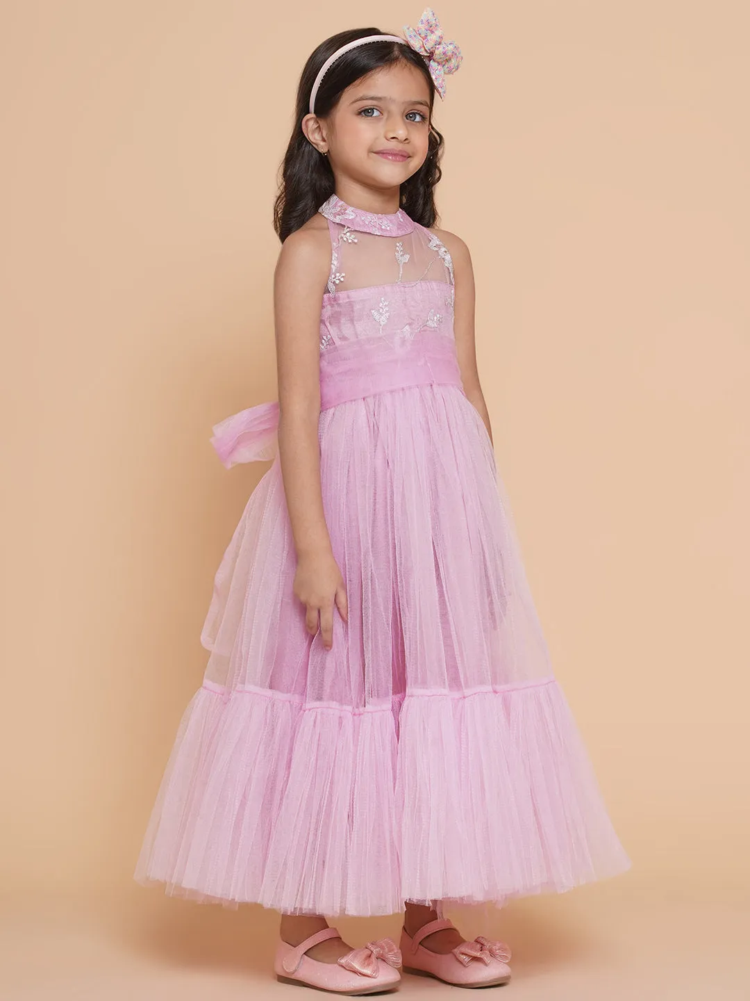 Girls Pink Net Floral Embroidered Gown
