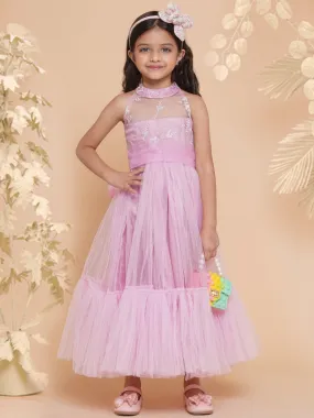 Girls Pink Net Floral Embroidered Gown