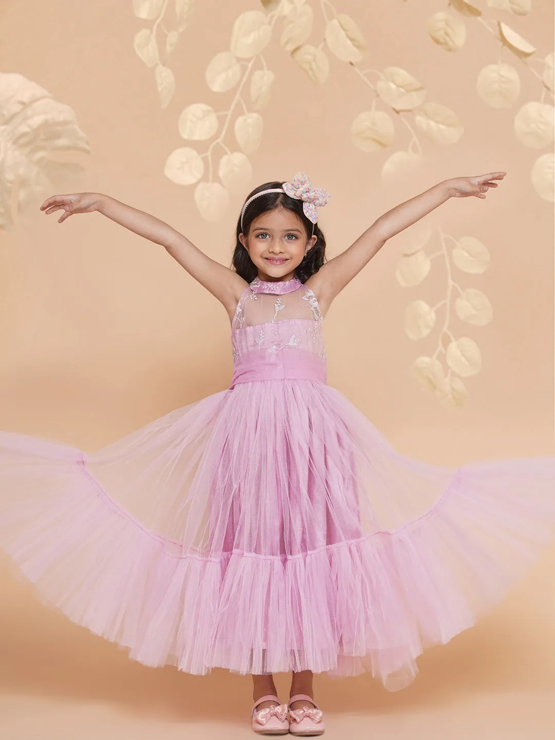 Girls Pink Net Floral Embroidered Gown