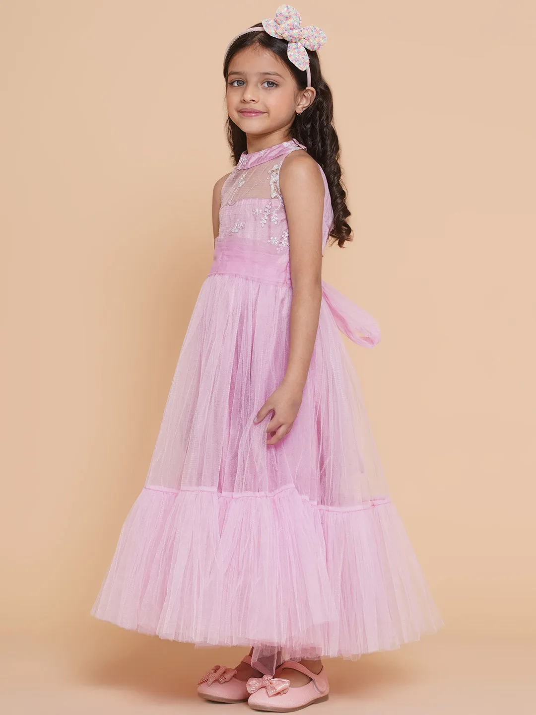 Girls Pink Net Floral Embroidered Gown