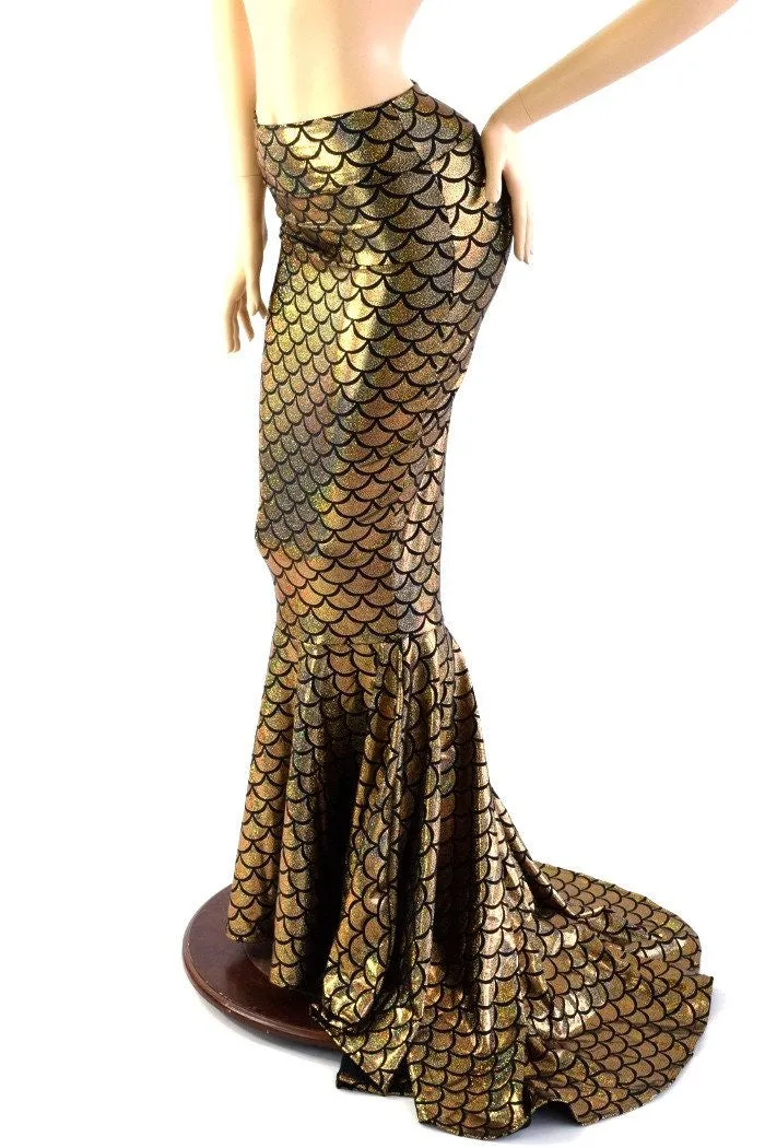 Gold High Waist Mermaid Skirt with Puddle Train