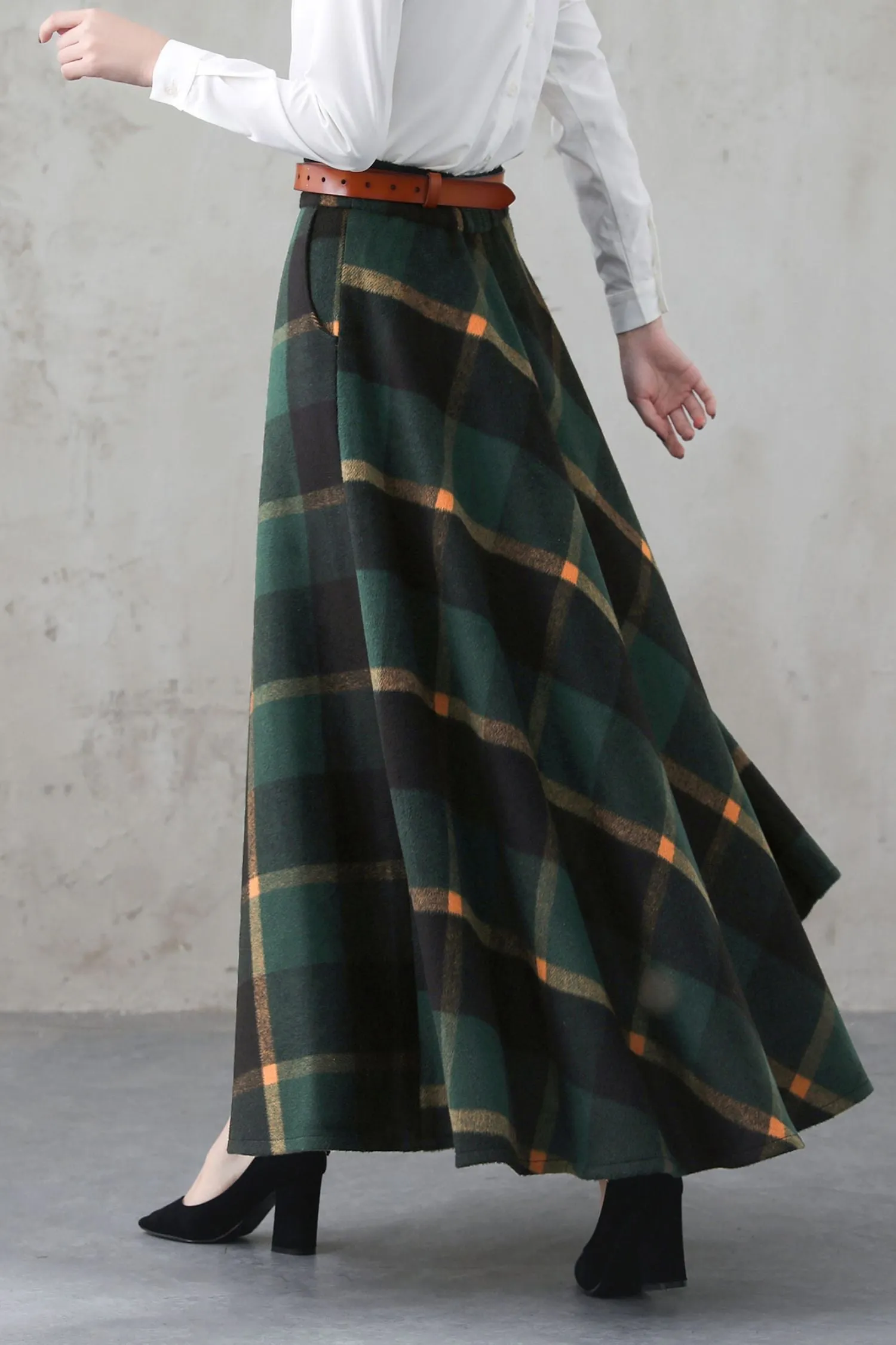 Green Long Winter Wool Plaid Skirt 5274