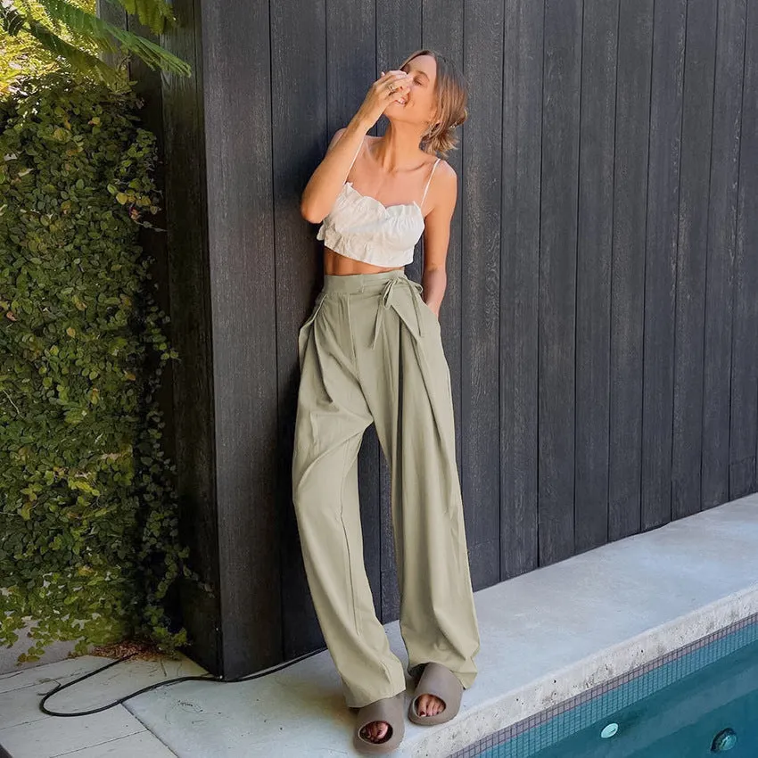 Green Loose High Waist Floor Length Casual Pencil Pants