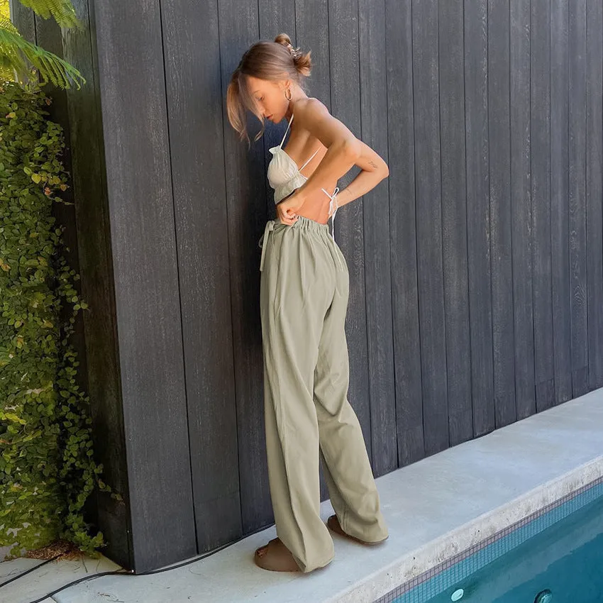 Green Loose High Waist Floor Length Casual Pencil Pants
