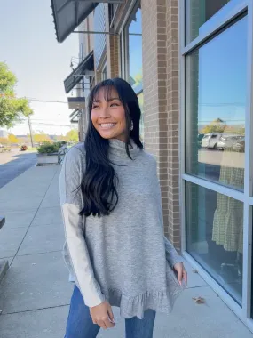 Grey Ruffle Turtleneck W/ Pleather Slv Sweater