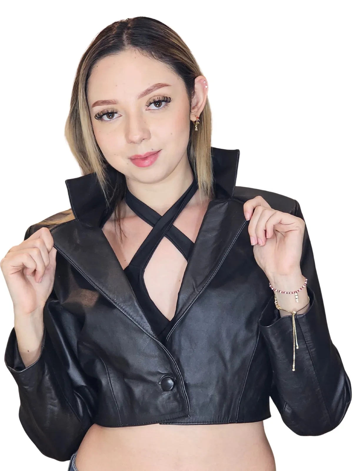 Handcrafted Women's Sheepskin Leather Biker Jacket – Cropped Black