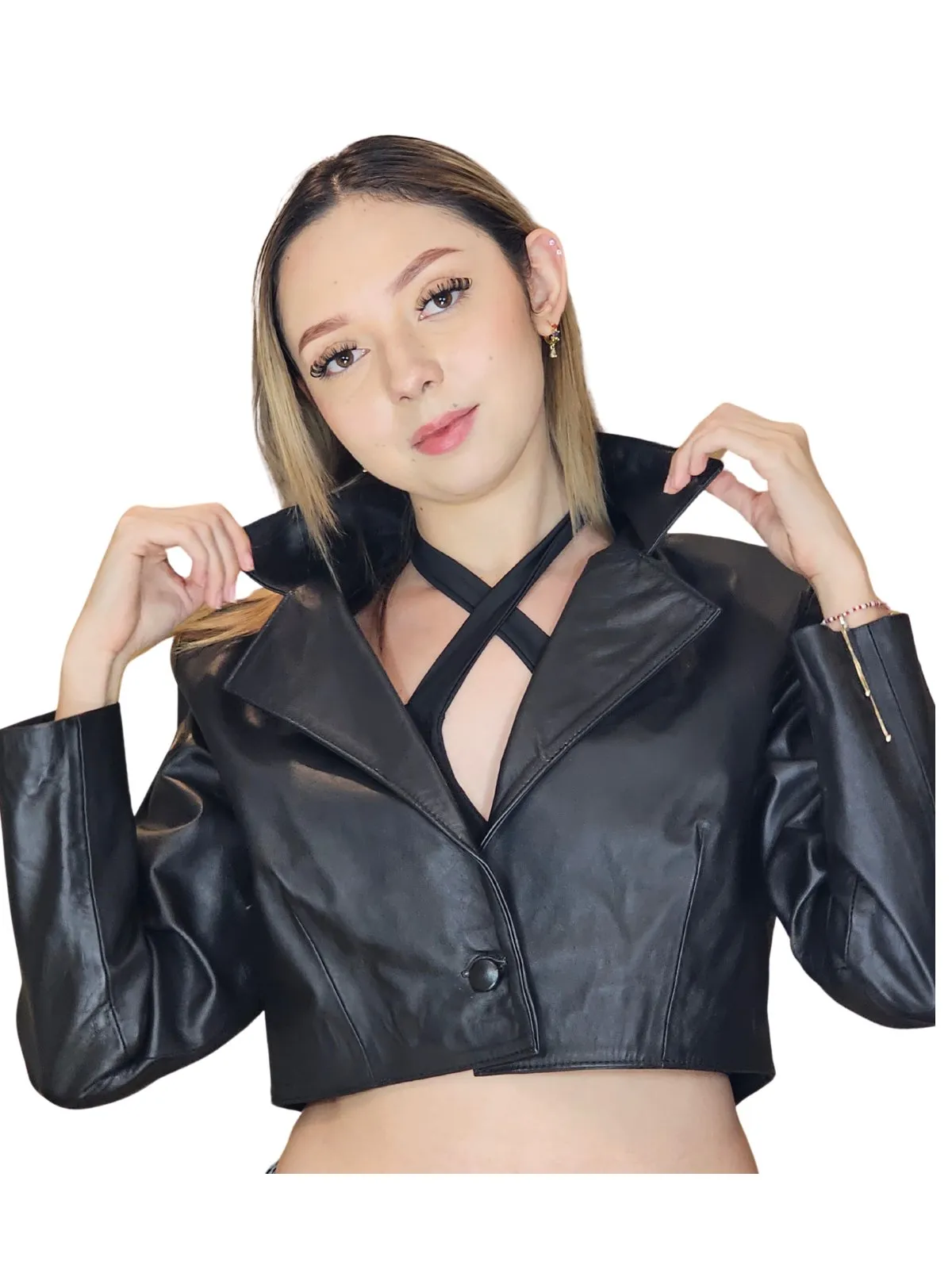 Handcrafted Women's Sheepskin Leather Biker Jacket – Cropped Black