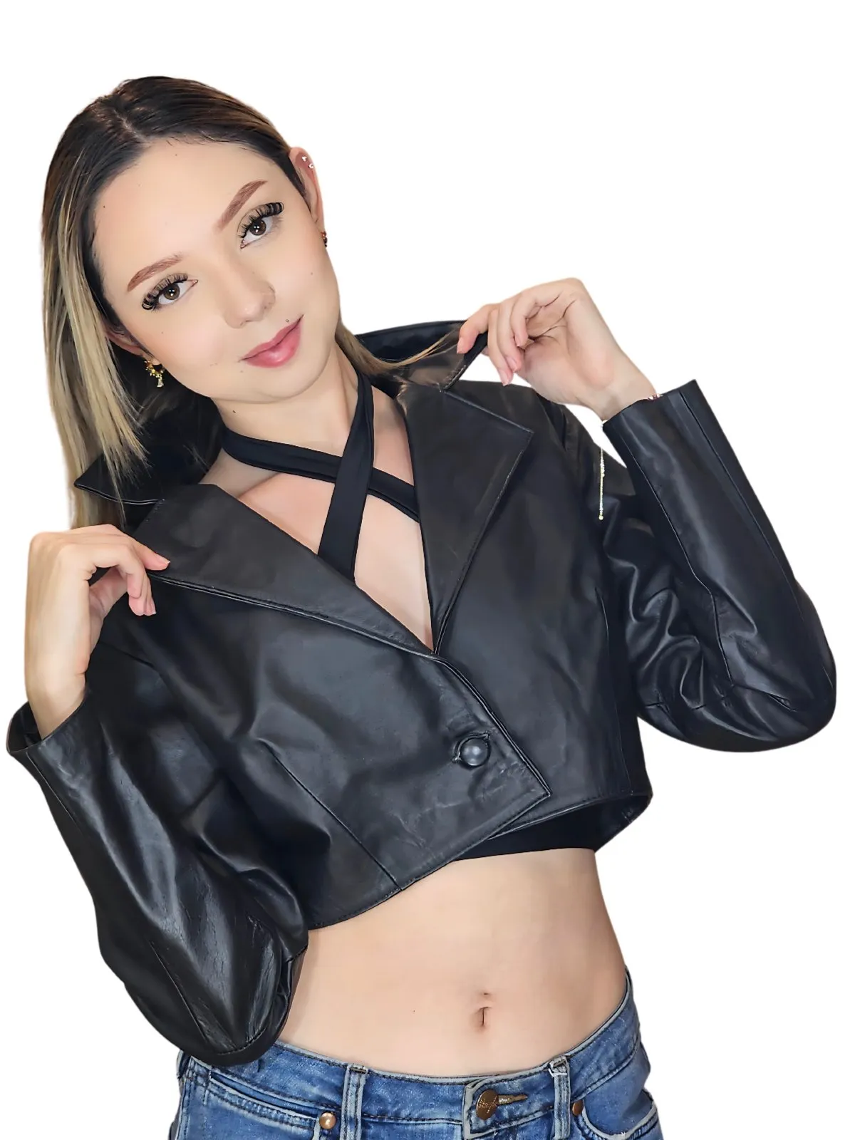 Handcrafted Women's Sheepskin Leather Biker Jacket – Cropped Black