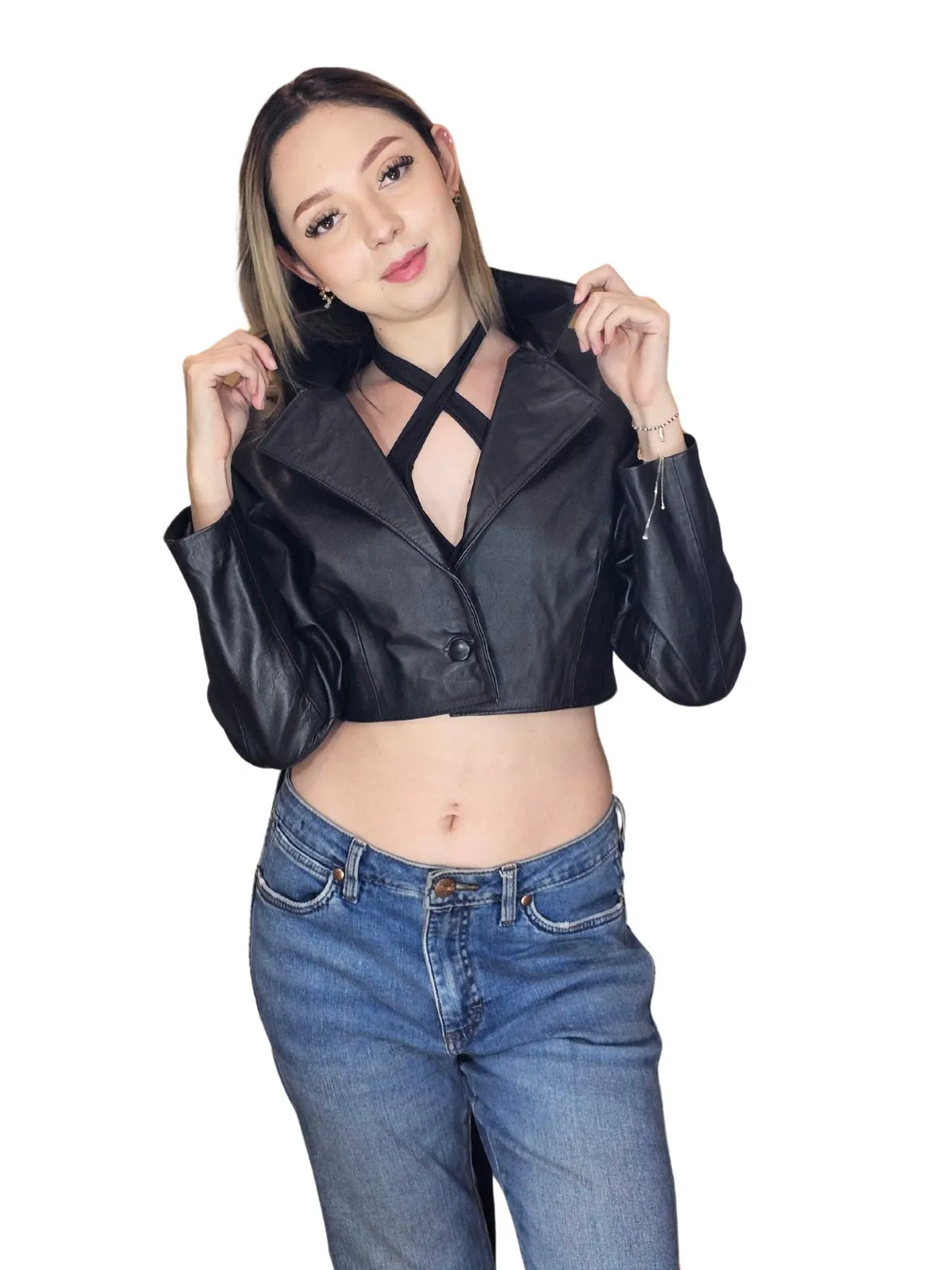 Handcrafted Women's Sheepskin Leather Biker Jacket – Cropped Black