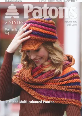 Hat and Multi-Coloured Poncho in Patons Merino Extrafine Big (3955)