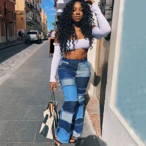High Waist Colorblock Flare Denim Pants