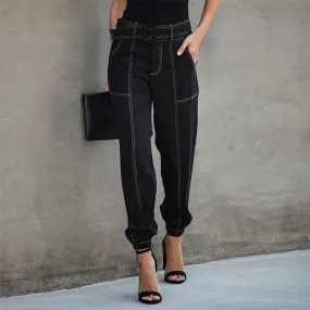 High Waist Elastic Ankle Belt Pocket Pants