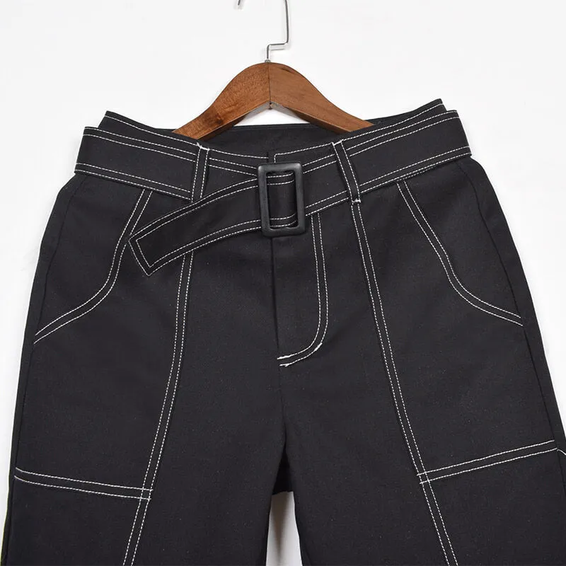 High Waist Elastic Ankle Belt Pocket Pants