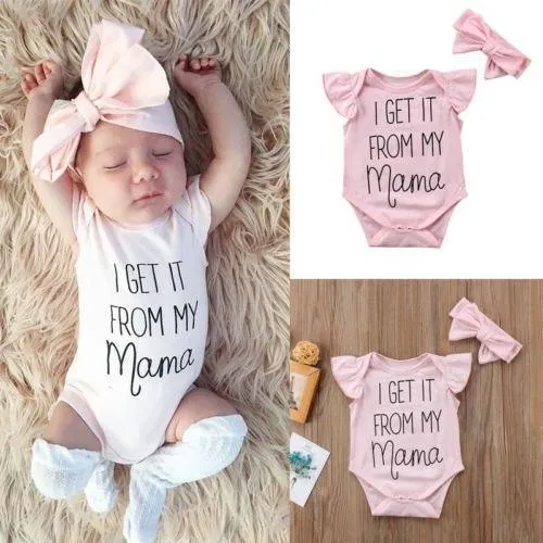 I Get It From My Mama Ruffle Sleeve Jumpsuit Romper Headband Infant Girl