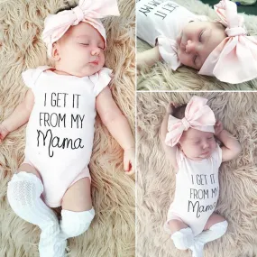I Get It From My Mama Ruffle Sleeve Jumpsuit Romper Headband Infant Girl