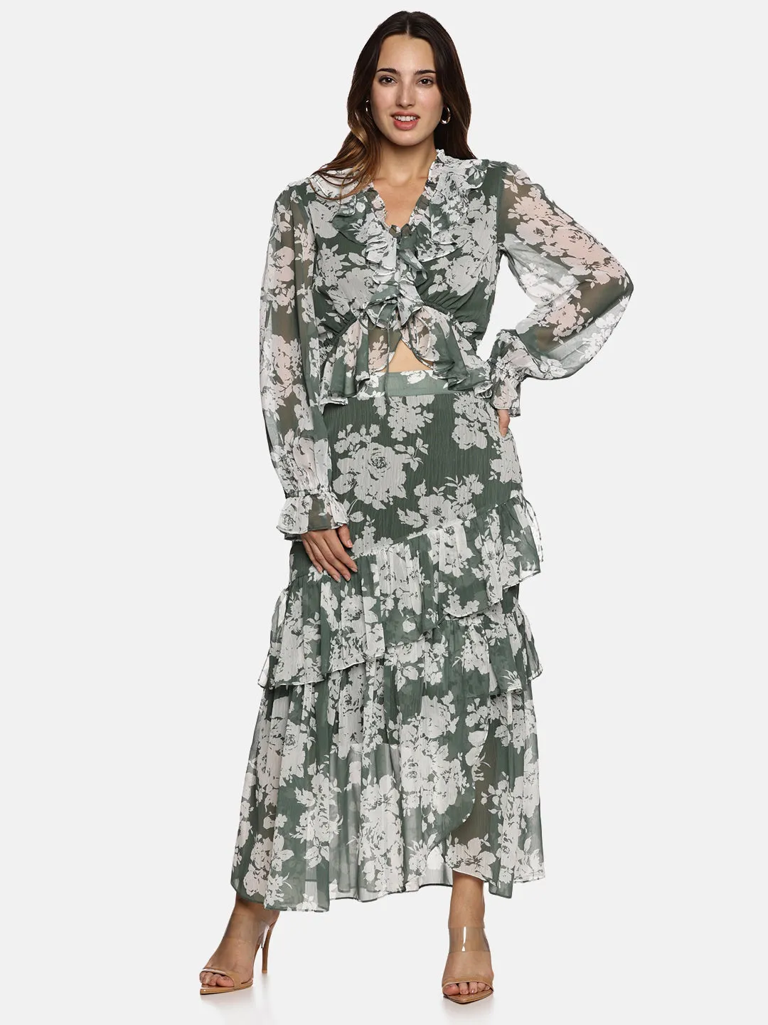 IS.U Floral Green Ruffle Skirt