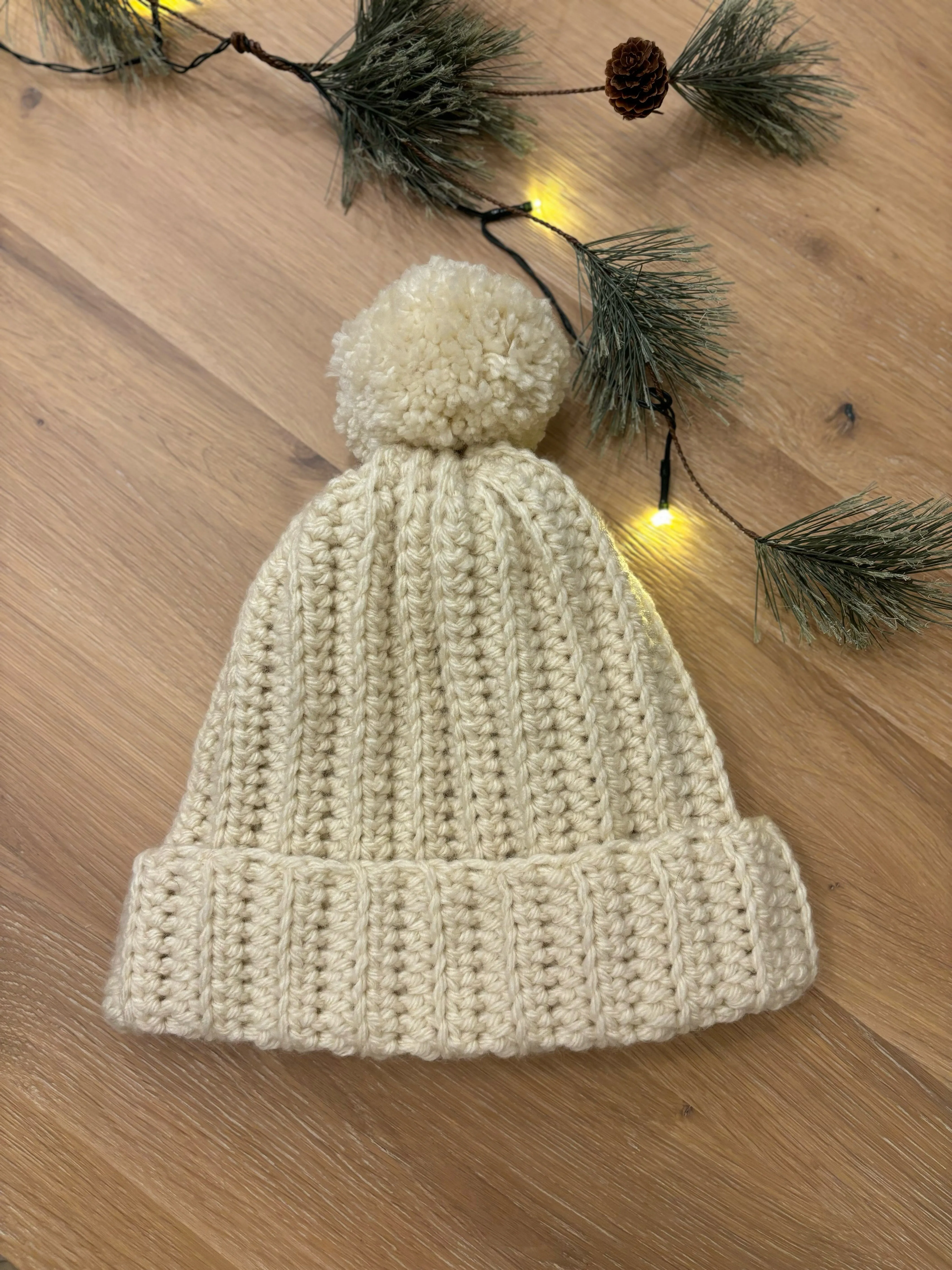 Ivory Pom-Pom Ribbed Knit Beanie