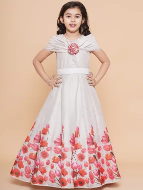 Jashvi Girls Off White Flower Digital Printed Fit & Flared Maxi Dress.
