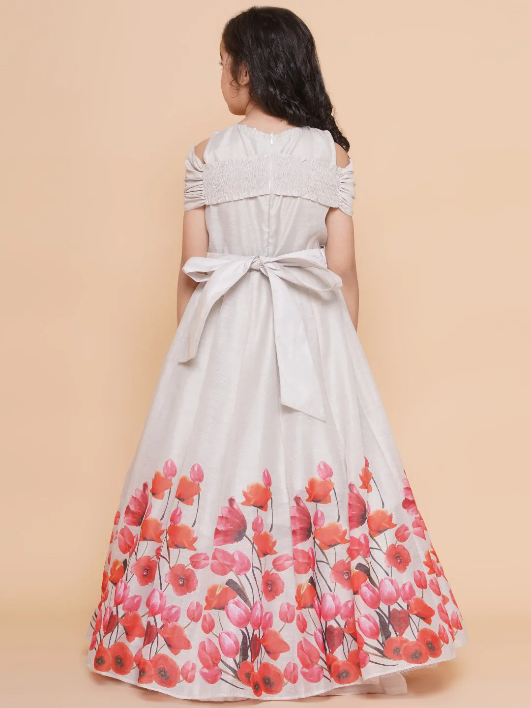 Jashvi Girls Off White Flower Digital Printed Fit & Flared Maxi Dress.