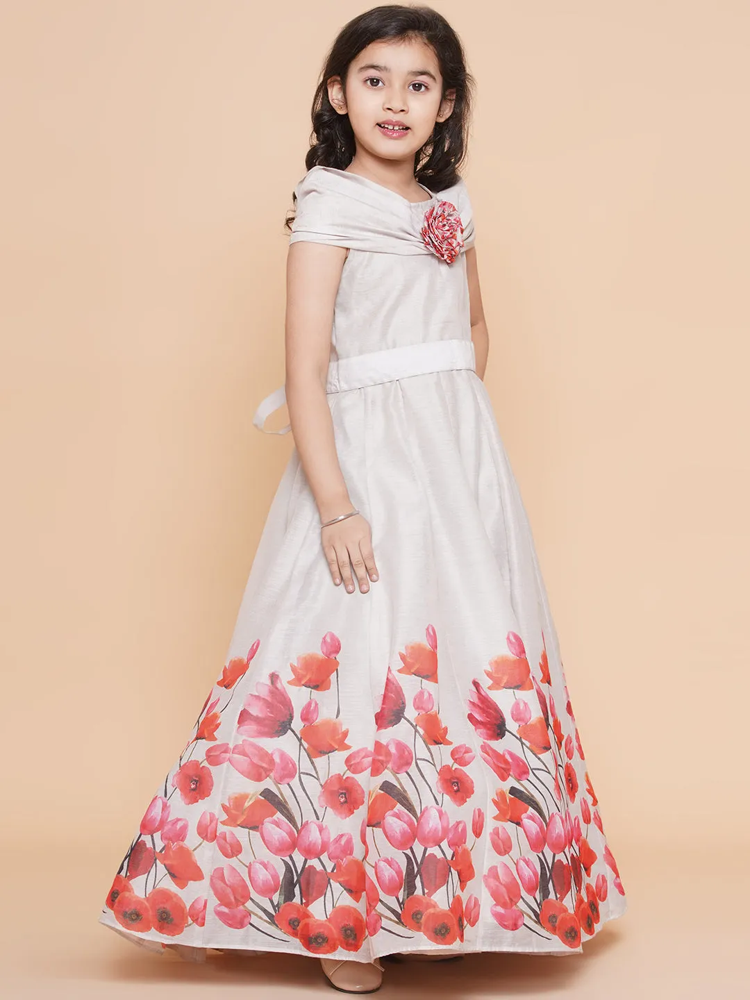 Jashvi Girls Off White Flower Digital Printed Fit & Flared Maxi Dress.