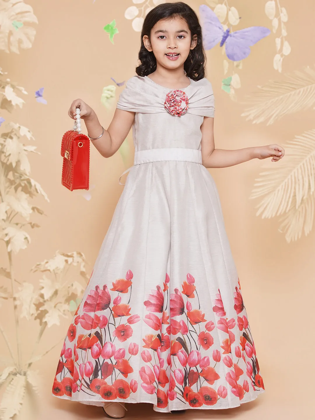 Jashvi Girls Off White Flower Digital Printed Fit & Flared Maxi Dress.