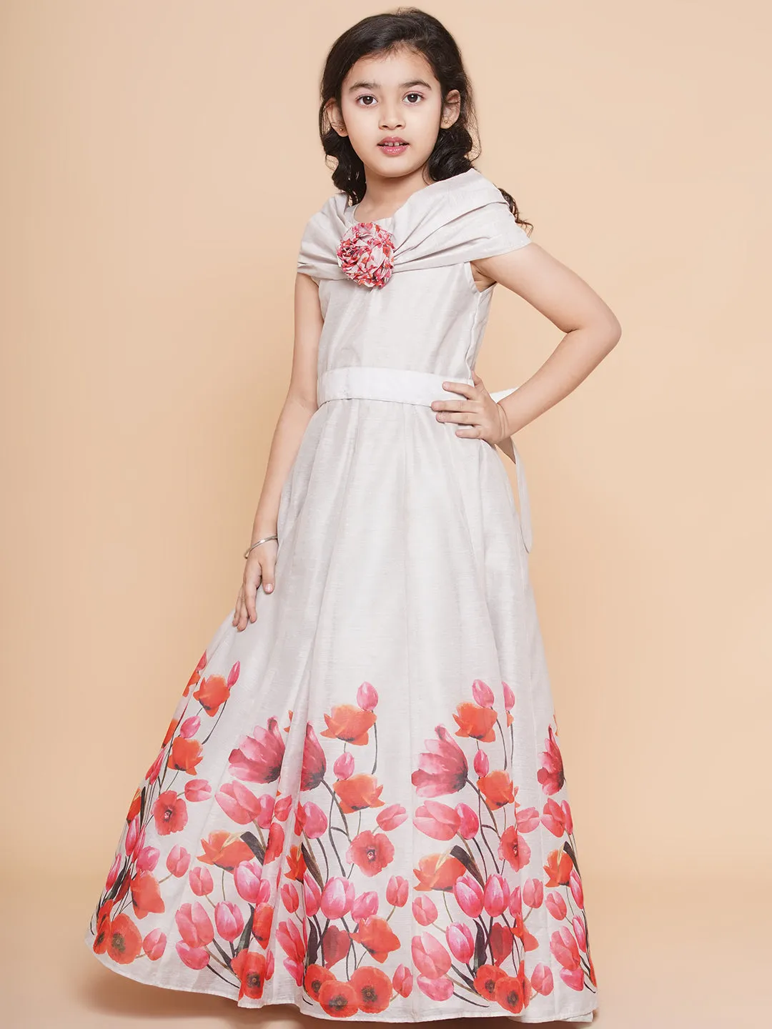 Jashvi Girls Off White Flower Digital Printed Fit & Flared Maxi Dress.
