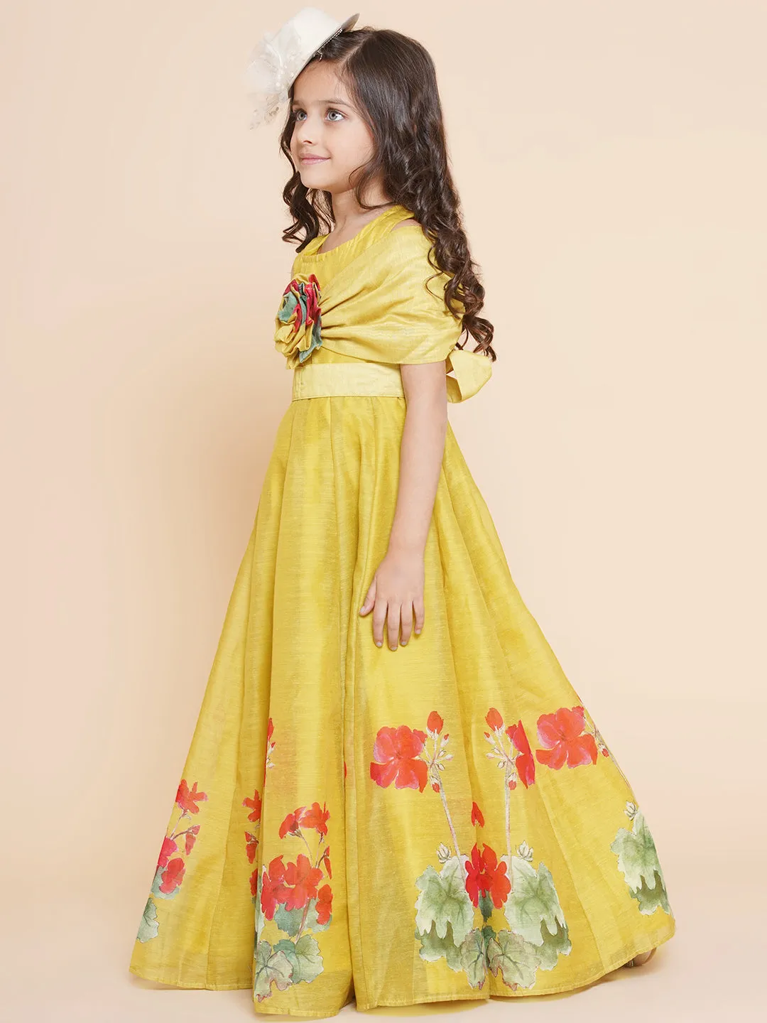 Jashvi Girls Yellow Floral Printed Dress
