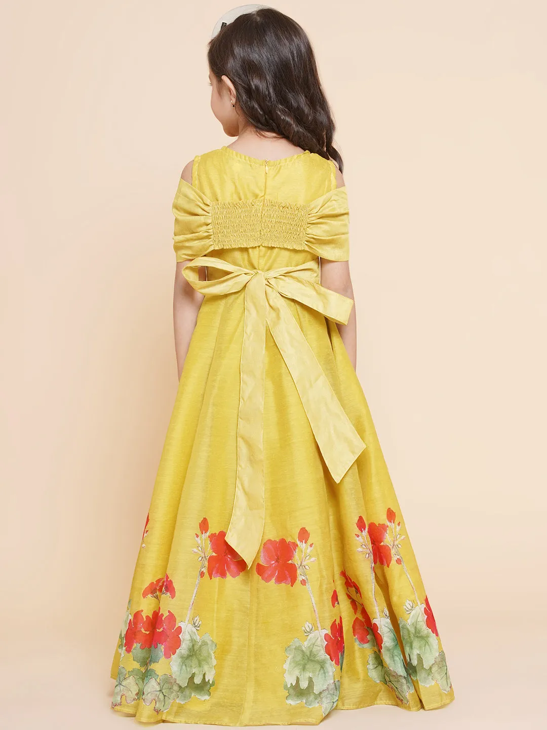 Jashvi Girls Yellow Floral Printed Dress