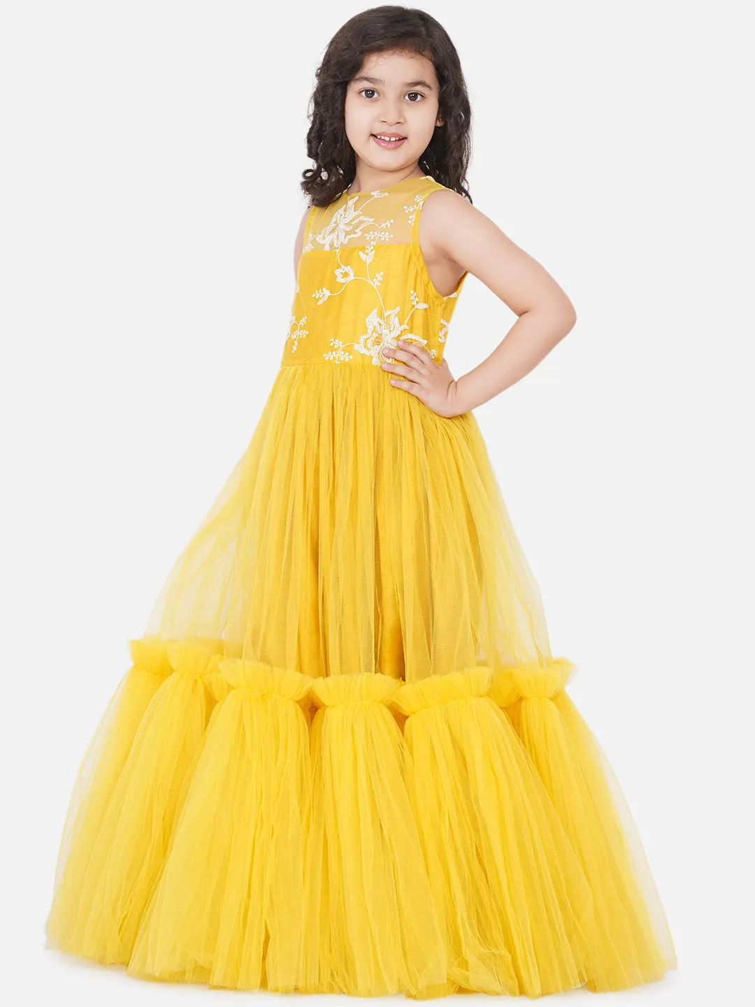 Jashvi Yellow Net Embroidered Gown Dress.