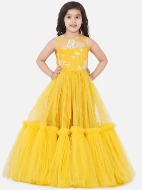 Jashvi Yellow Net Embroidered Gown Dress.