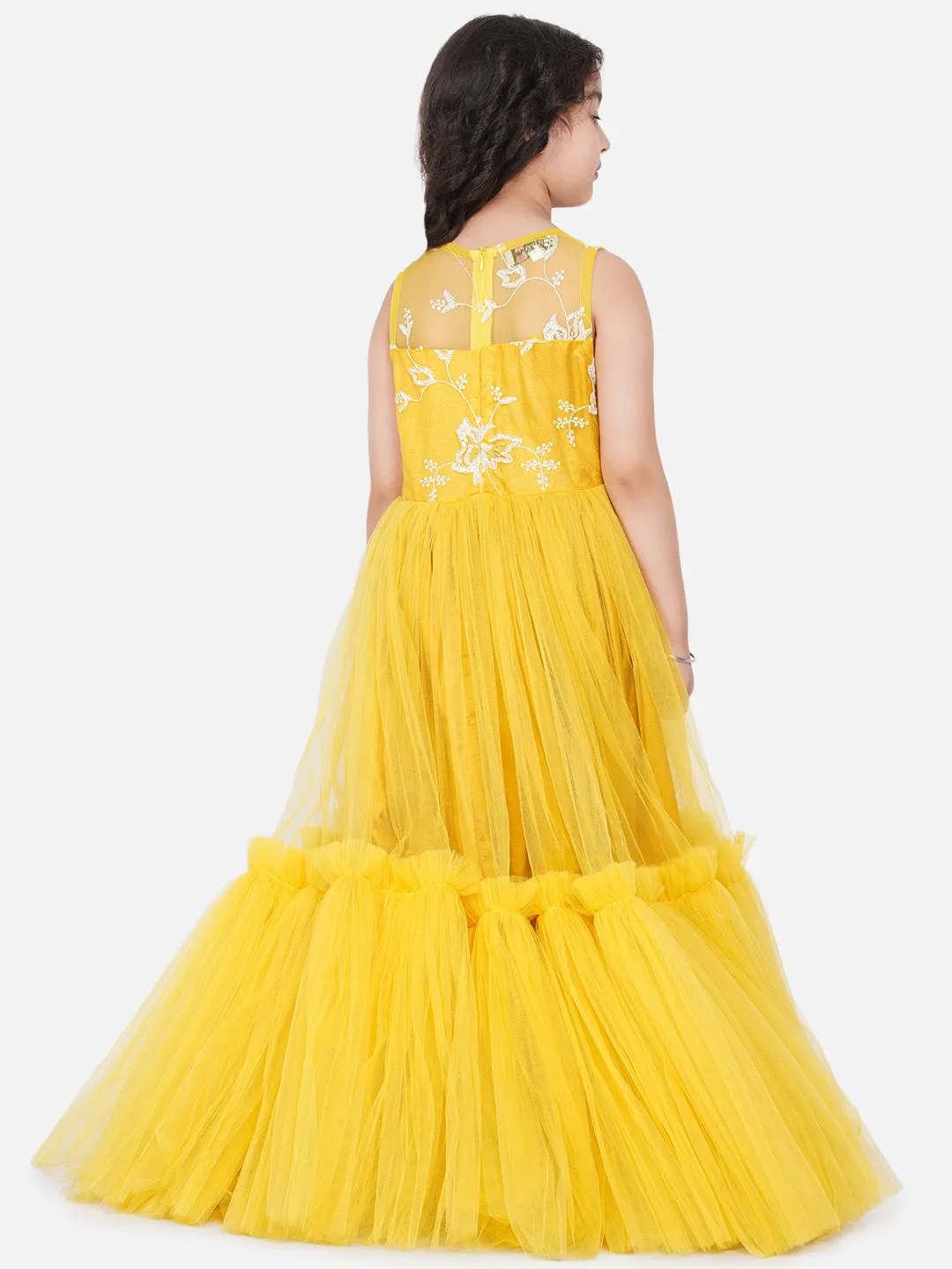 Jashvi Yellow Net Embroidered Gown Dress.
