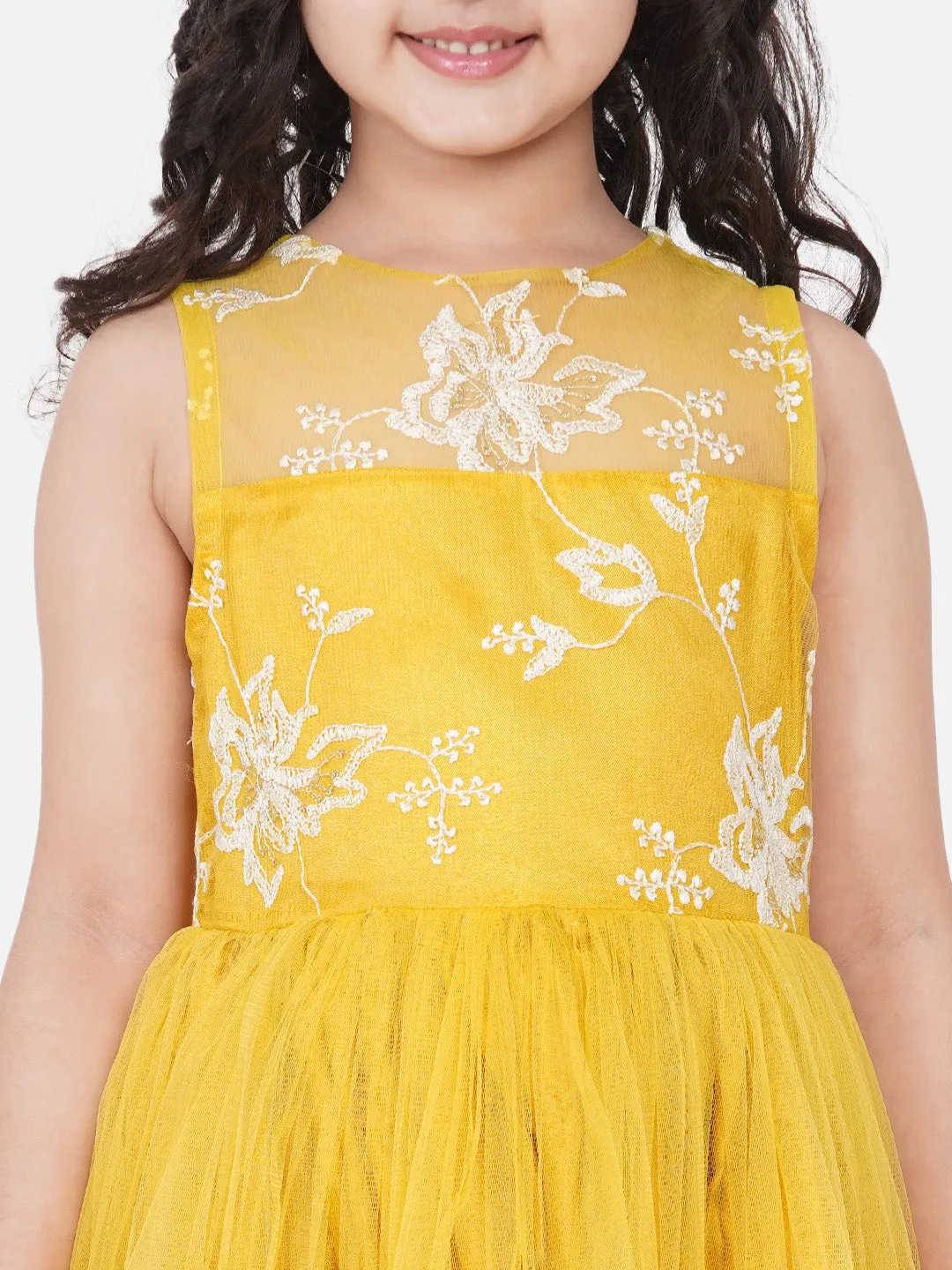 Jashvi Yellow Net Embroidered Gown Dress.