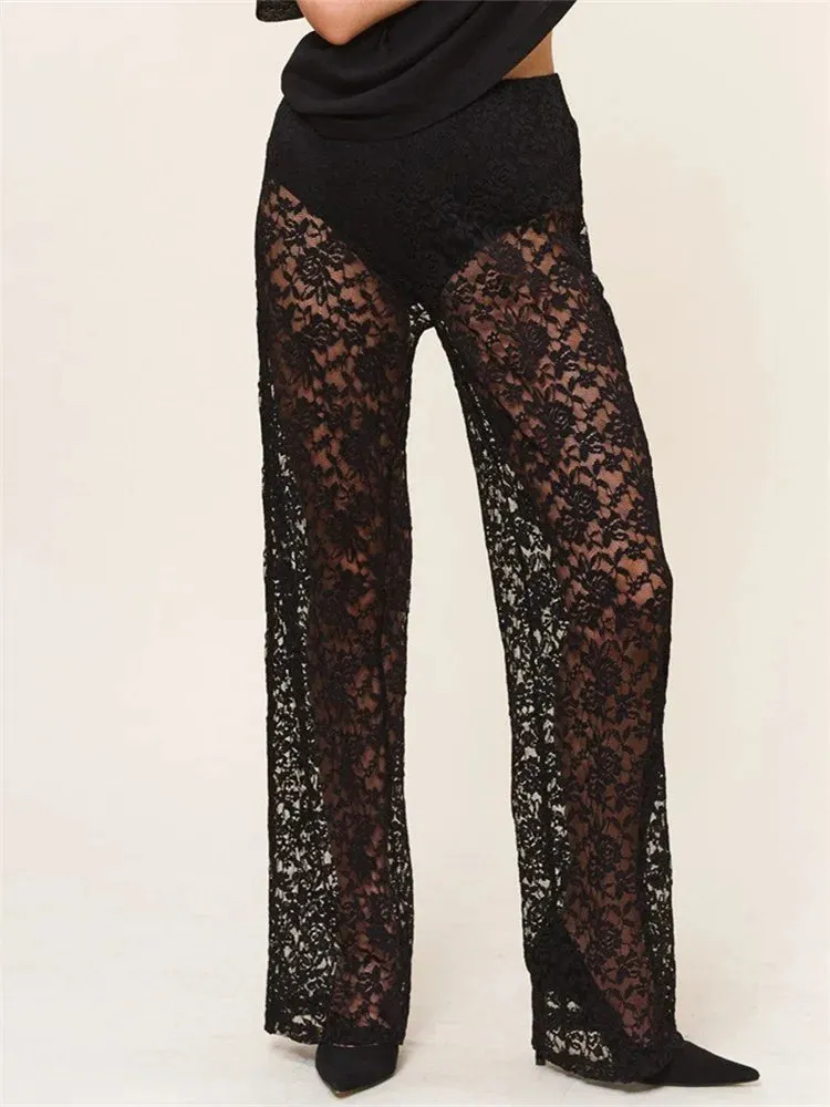 JuliaFashion - Mesh See Through Lace Gothic High Waist Wide Leg Flare Pants