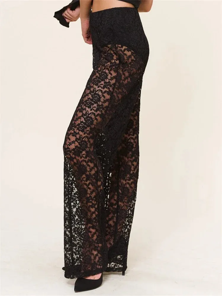 JuliaFashion - Mesh See Through Lace Gothic High Waist Wide Leg Flare Pants