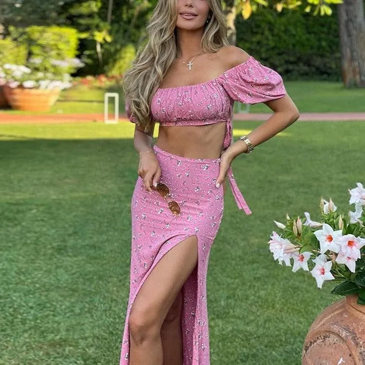 KittenAlarm - Avryl Ditsy Crop Top & Maxi Length Slit Skirt Sets
