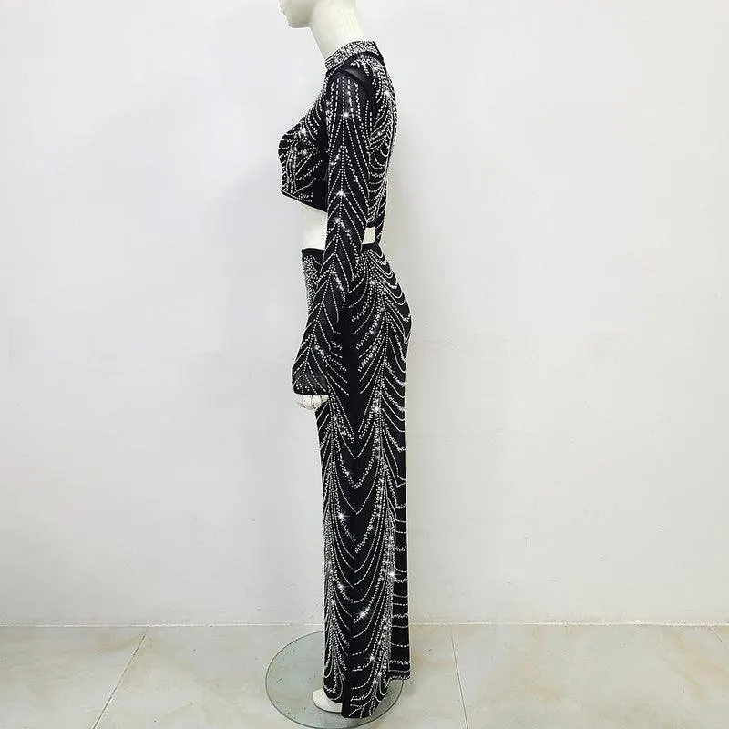 KittenAlarm - Ruth Mesh Crystal Rhinestone Top & Maxi Skirt Set