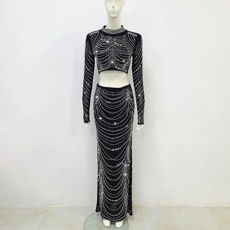 KittenAlarm - Ruth Mesh Crystal Rhinestone Top & Maxi Skirt Set