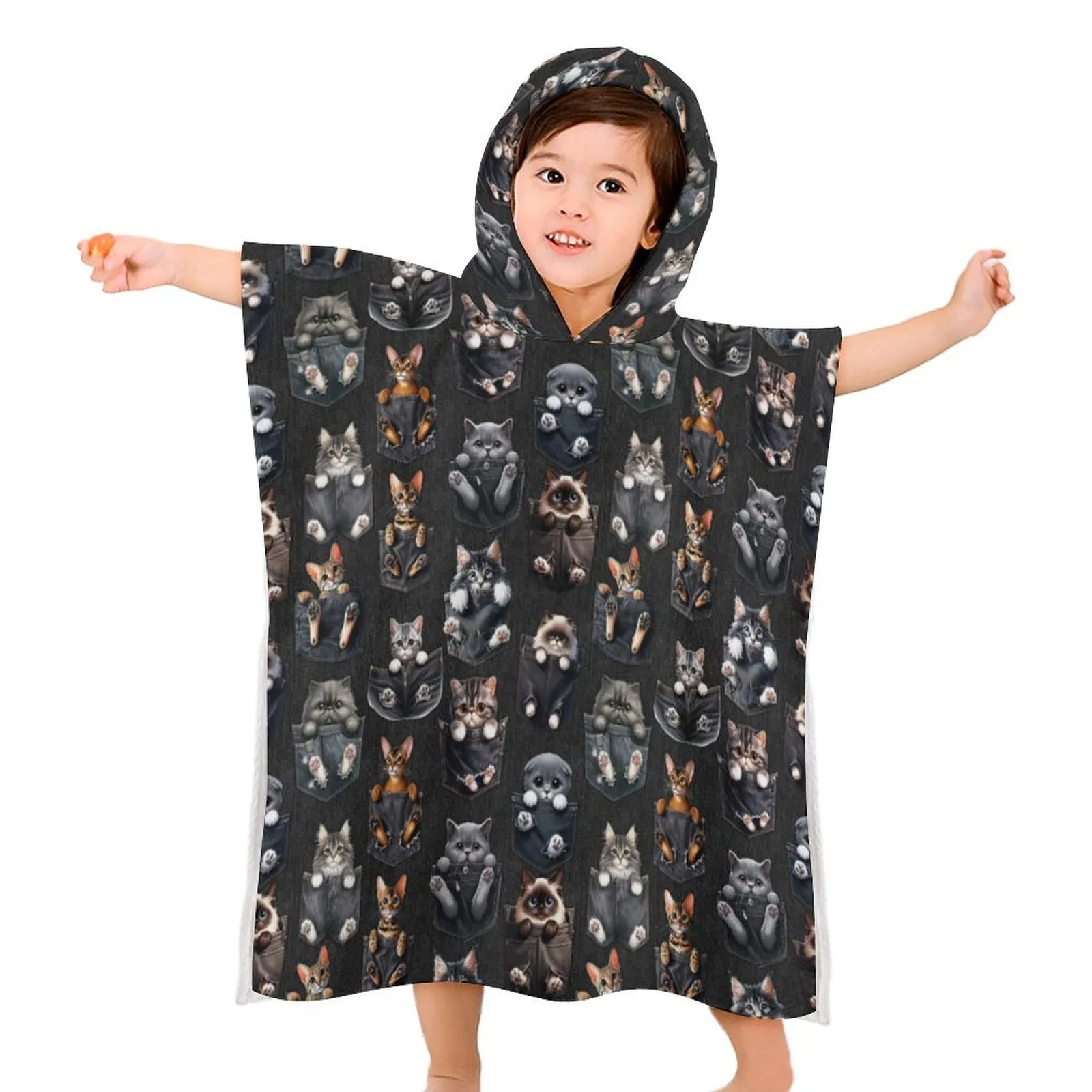 Kitties in Pockets -Hooded Terry Cloth Pullover Towel for Kids, Children
